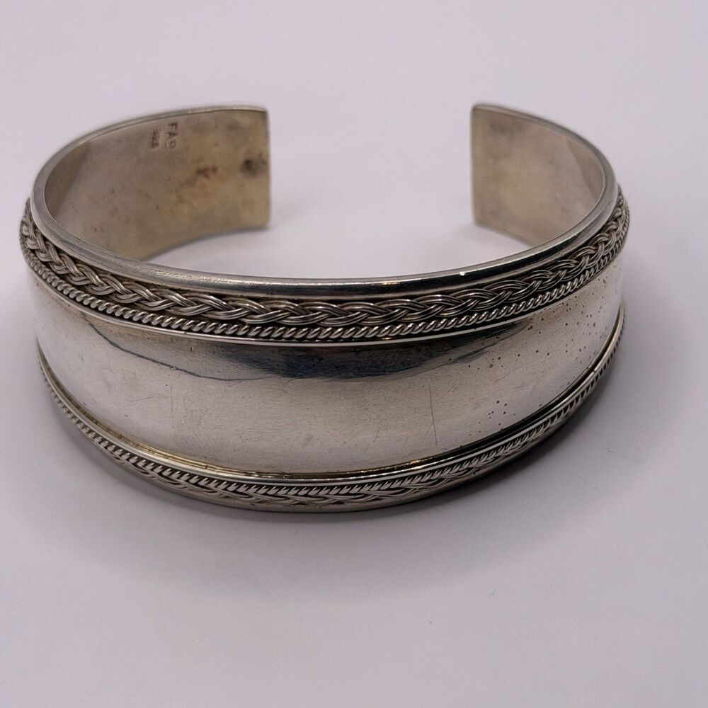Vintage FAS 925 Sterling Silver Rope Edge Cuff Bracelet 7.5" 24.9g